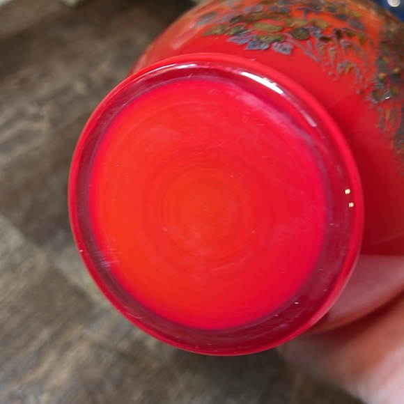 Vintage Asian oriental orange red cased glass with peacock vase - Picture 8 of 11